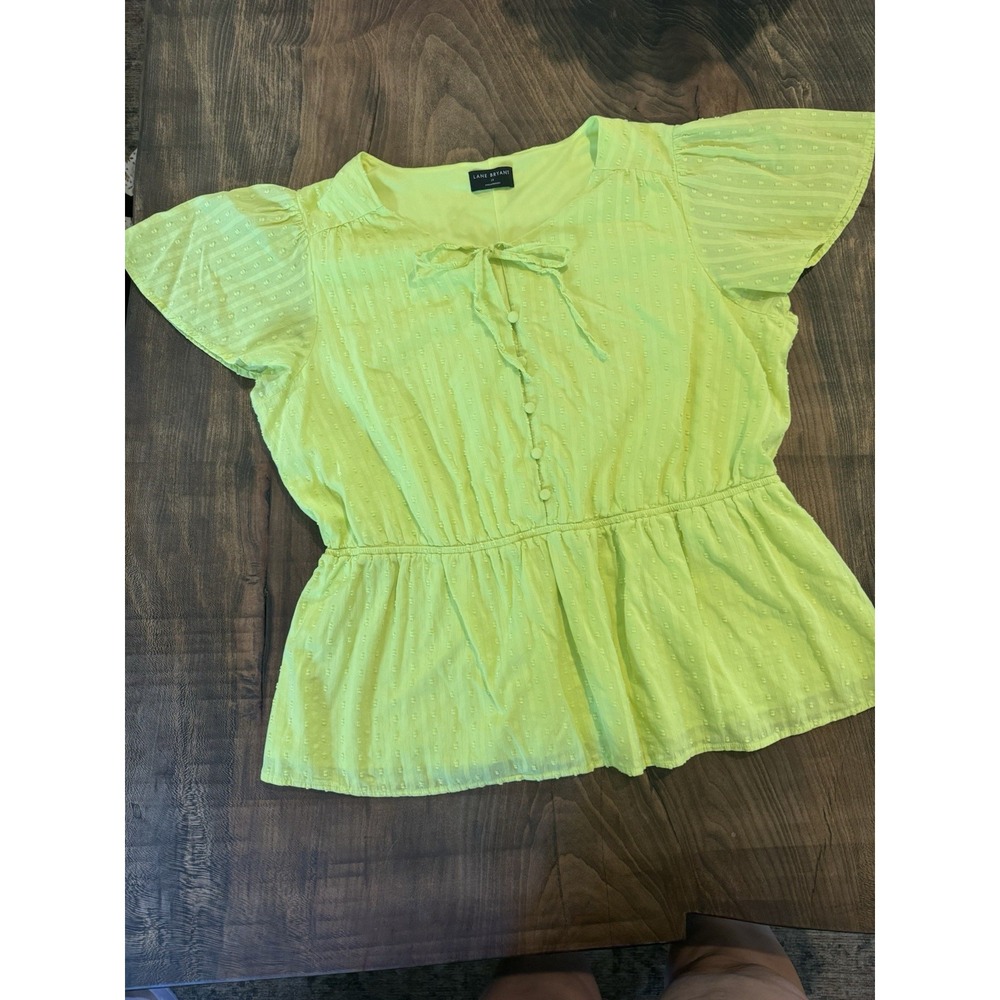 Lane‎ Bryant Neon Yellow Swiss Dot Flutter Sleeve Blouse Size 18